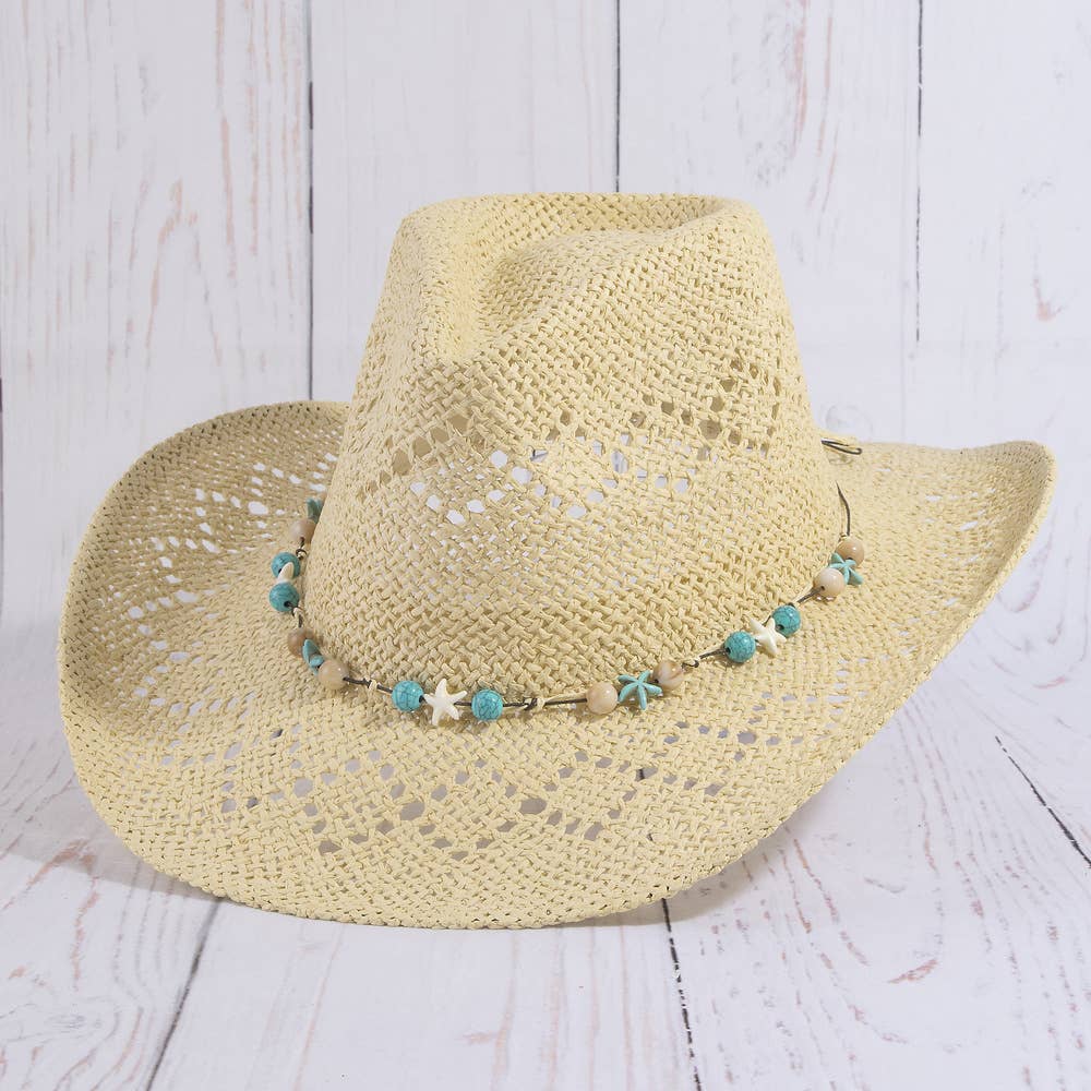 Straw Cowboy Hat With Turquoise Bead Shell Band: IV