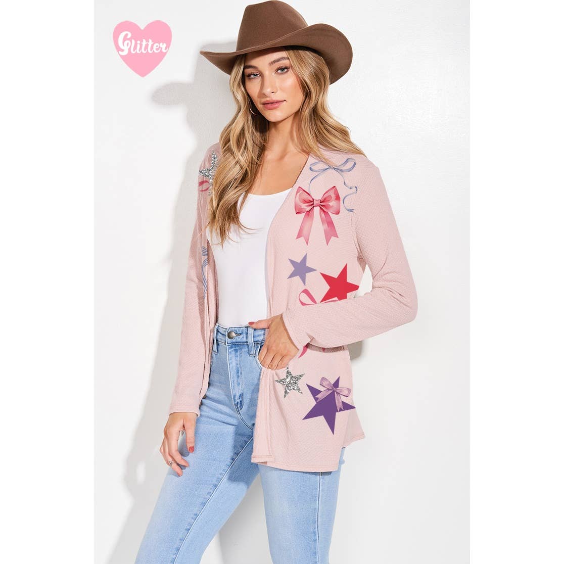 Bow star lovely print knit long sleeve cardigan