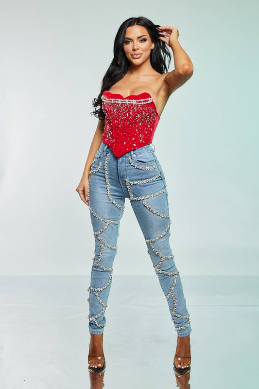 Velvet Corset Rhinestones: RED