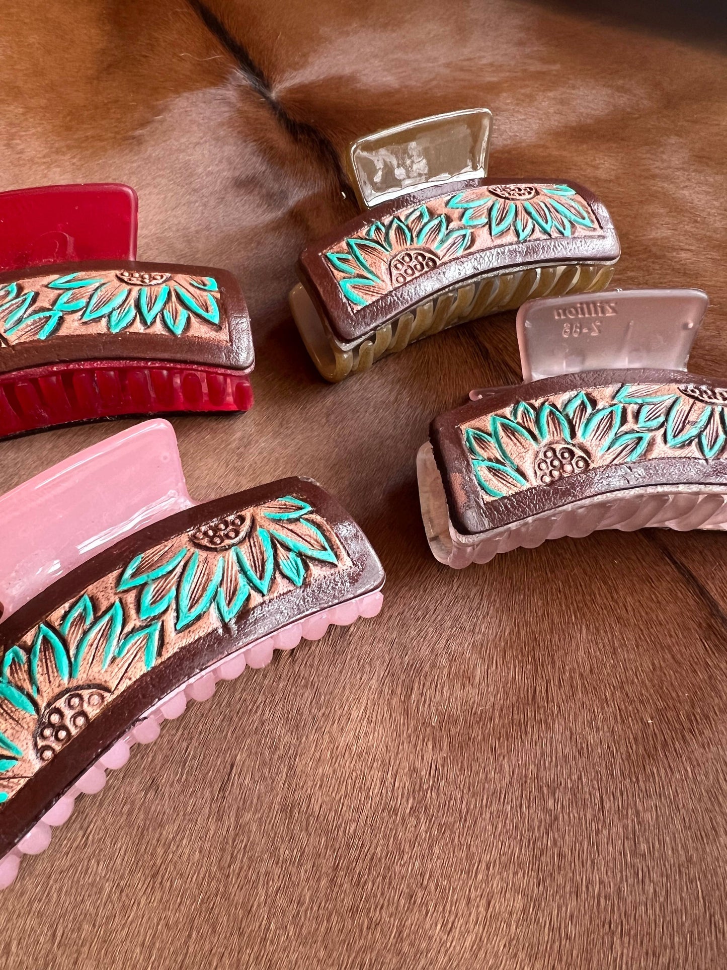 Turquoise Painted Sunflower Tooled Leather Claw Hair Clips