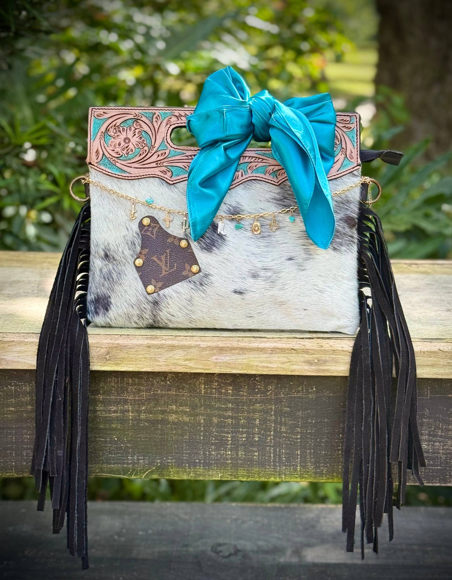 Upcycled LV Cowhide Leather Crossbody Clutch Bag Western