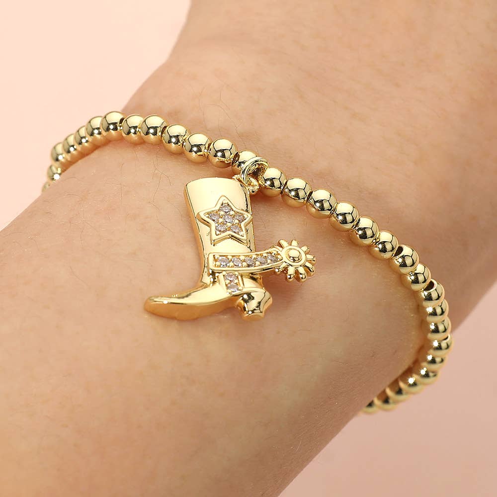 Stainless Steel Cowboy Boot Charm Beaded Stretch Bracelet