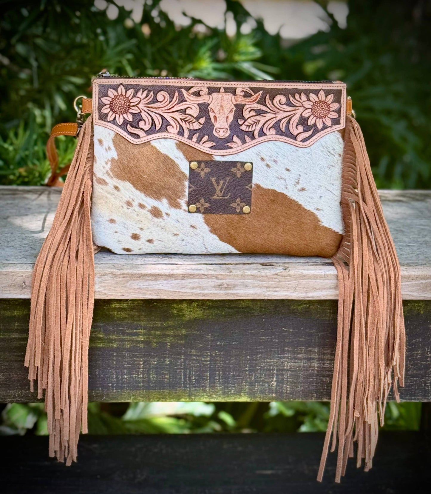 Upcycled LV Cowhide Tooled Leather Crossbody Bag Western 