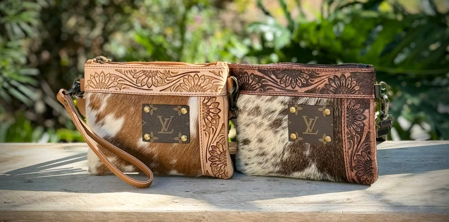 Upcycled LV Cowhide Leather Crossbody Wristlet Bag Western 