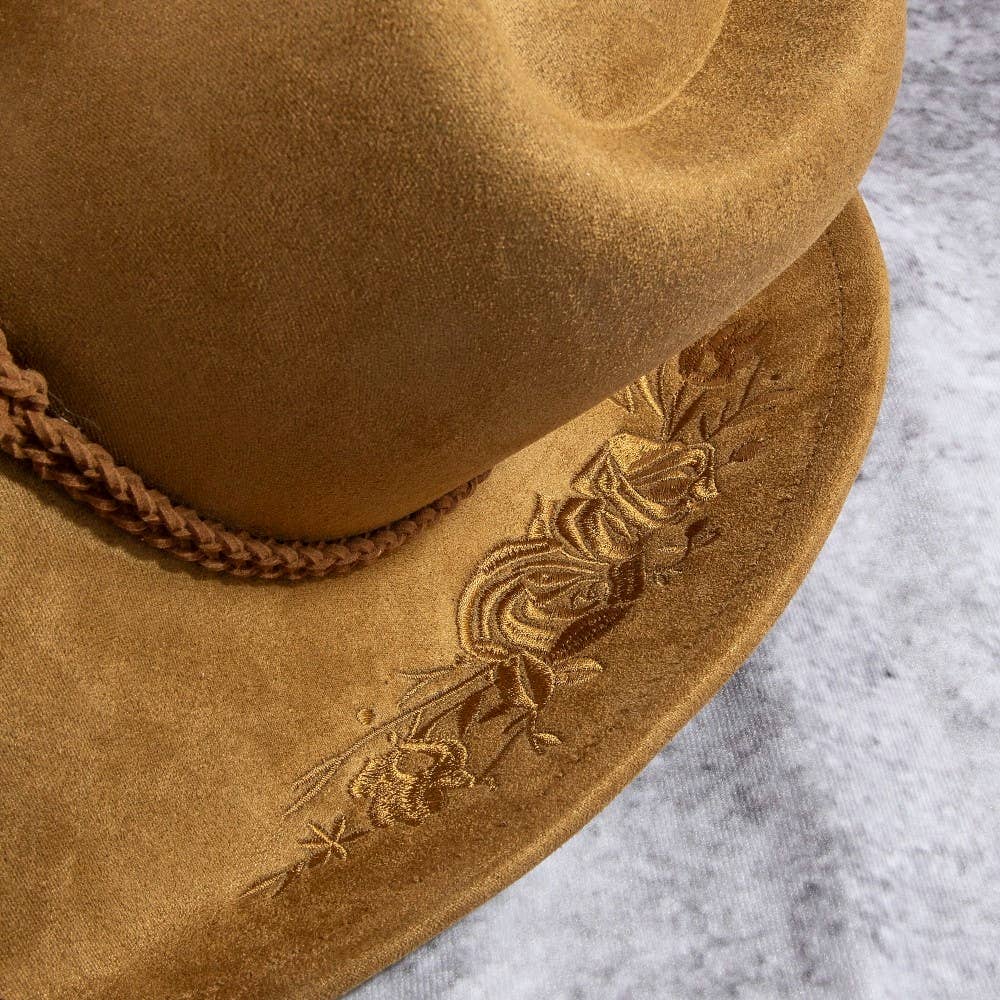 Rose Embroidered Braided Band Fedora Cowboy Hat: BR