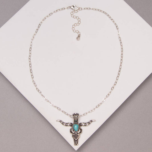 Western Bull Skull Pendant Necklace