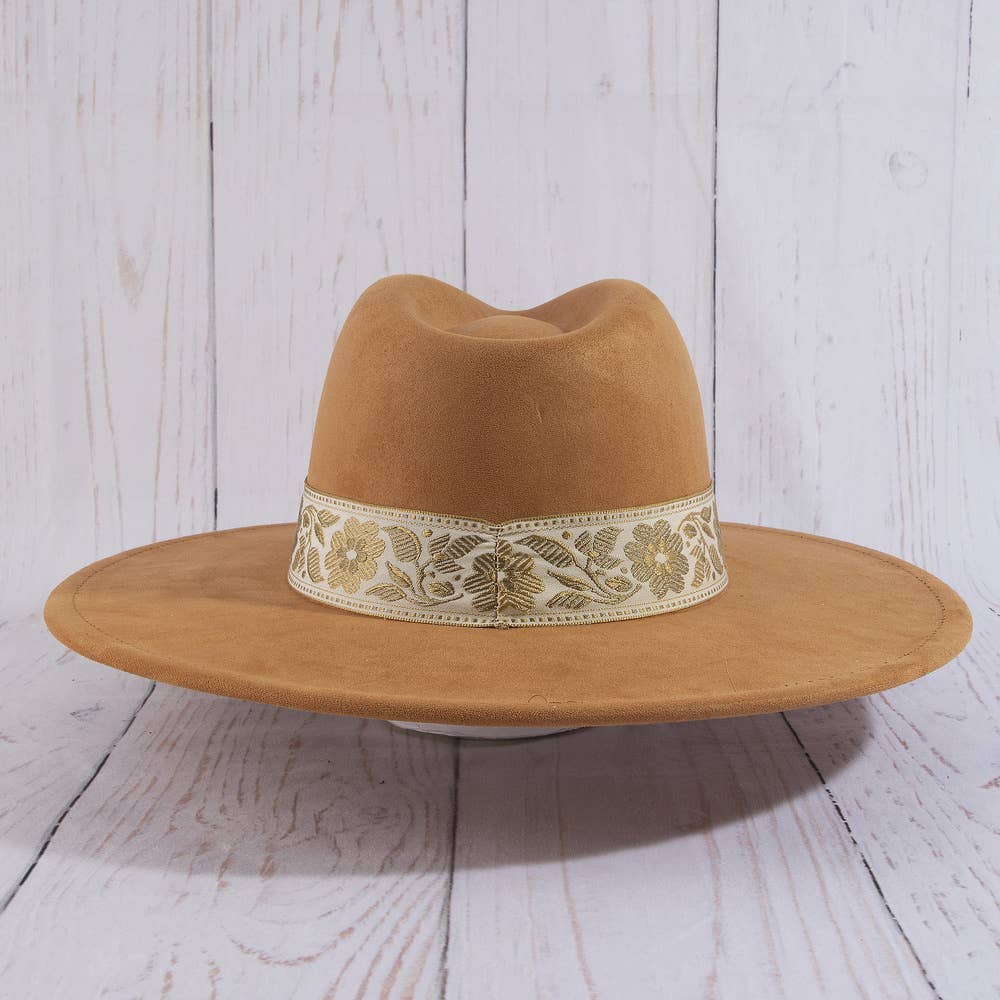 Wide Brim Felt Hat With Floral Ribbon Band