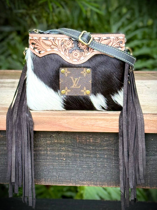 Upcycled LV Cowhide Leather Crossbody Wristlet Bag Western 