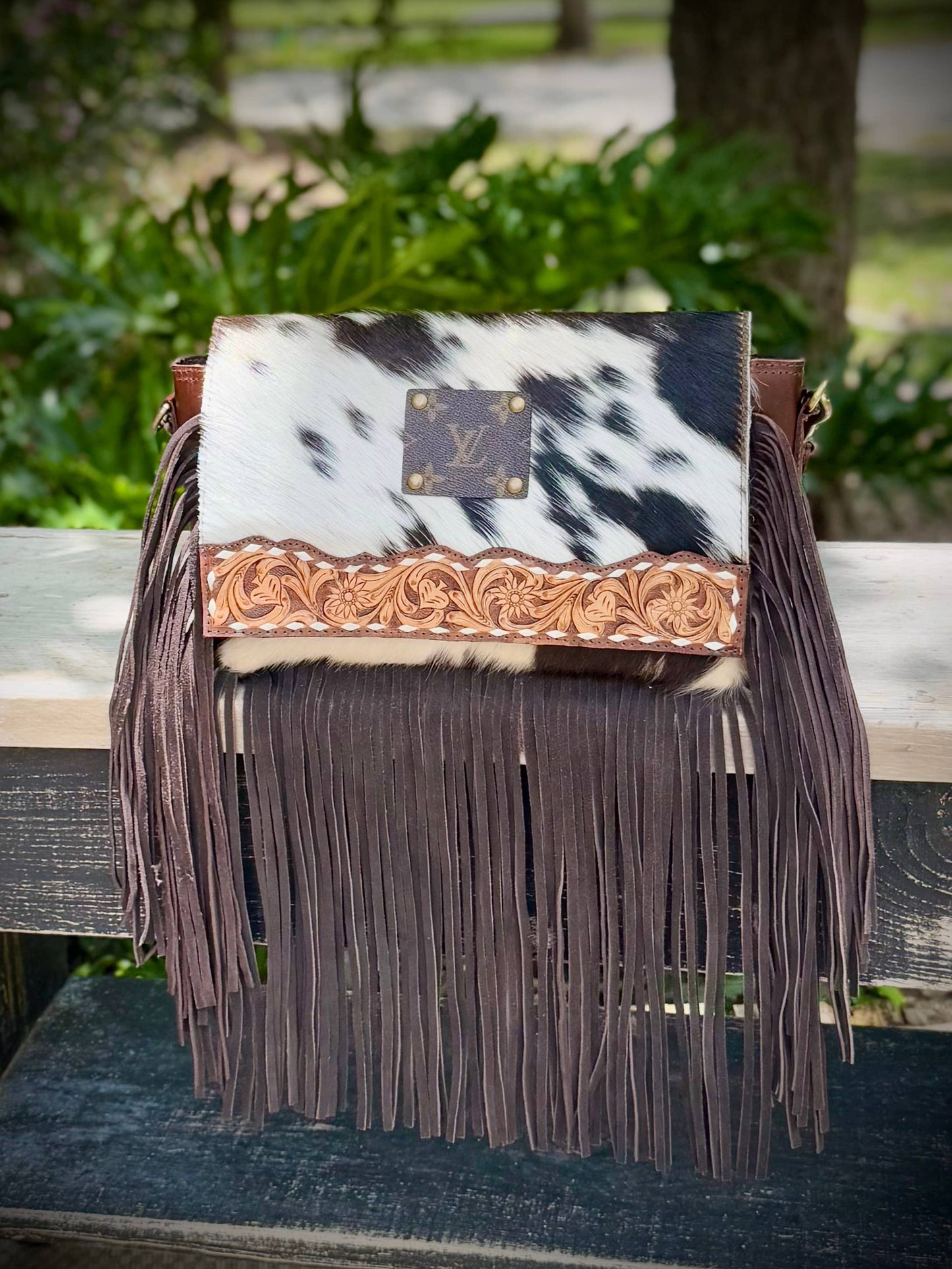 Upcycled Cowhide Leather Fringe Crossbody Bag Western Boho