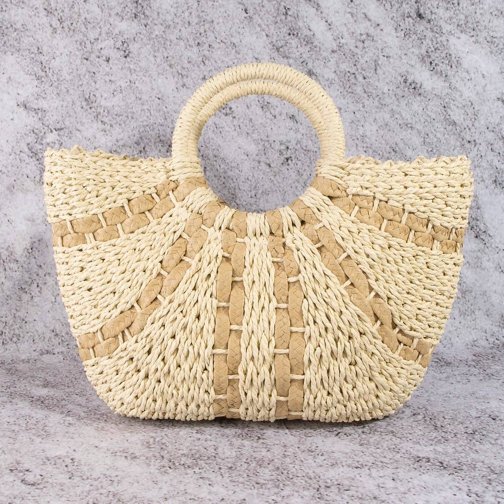 Striped Straw Weave Round Rope Handle Tote Bag