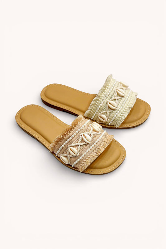 WOVEN FABRIC UPPER WITH EMBELLISHED BEADING DECOR: BEIGE