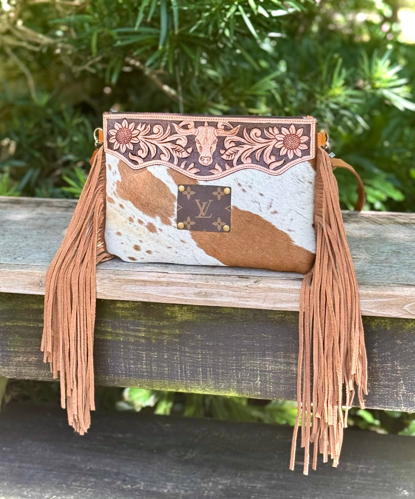 Upcycled LV Cowhide Tooled Leather Crossbody Bag Western 