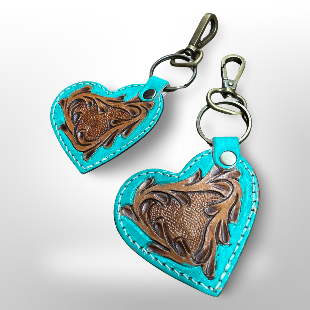 Turquoise Tooled Leather Heart Western Keychain