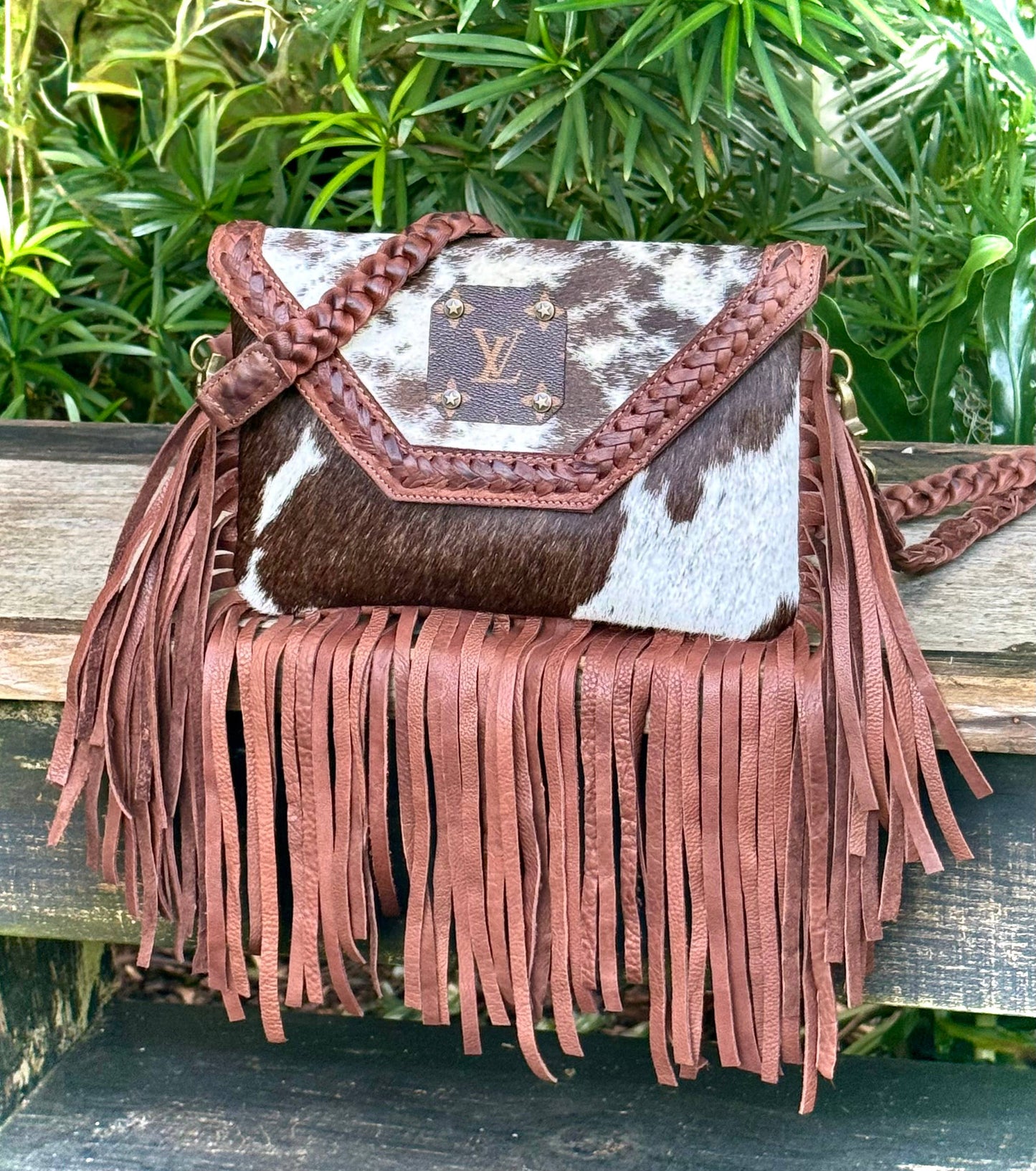 Upcycled LV Cowhide Leather Fringe Crossbody Western Rodeo