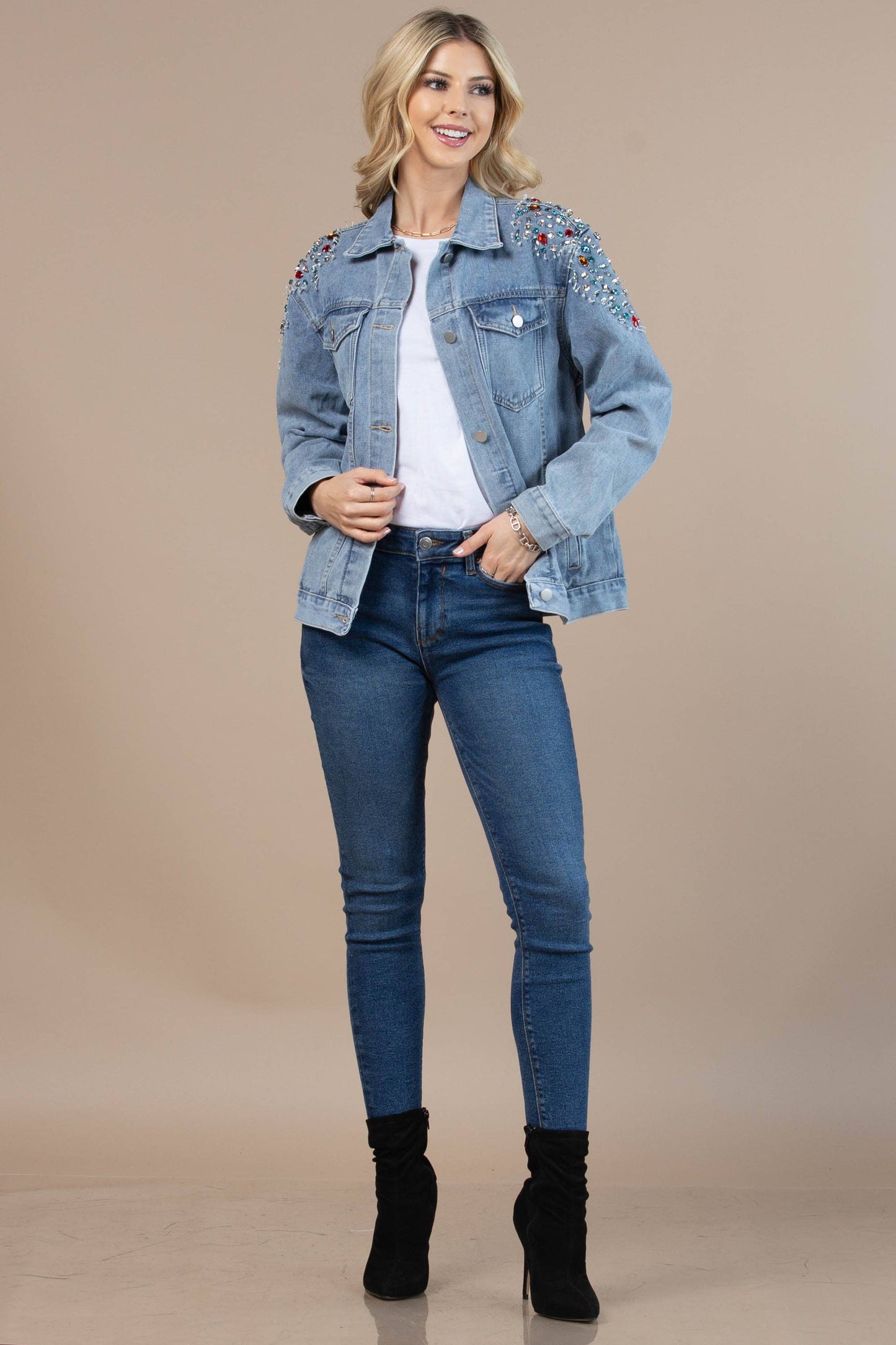63001-Shoulder Rhinestones Washed Denim Jacket DENIM BLUE.
