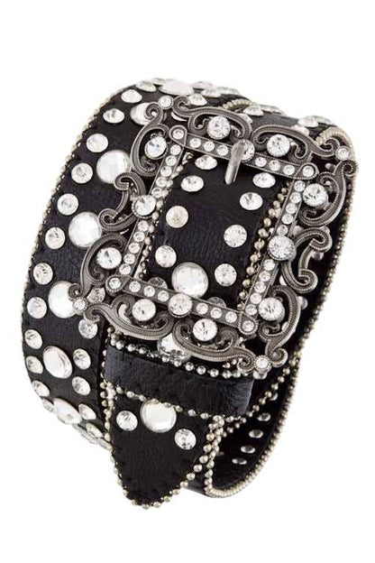 Motif Floral Crystal Buckle Fashion Belt: Black / S/M