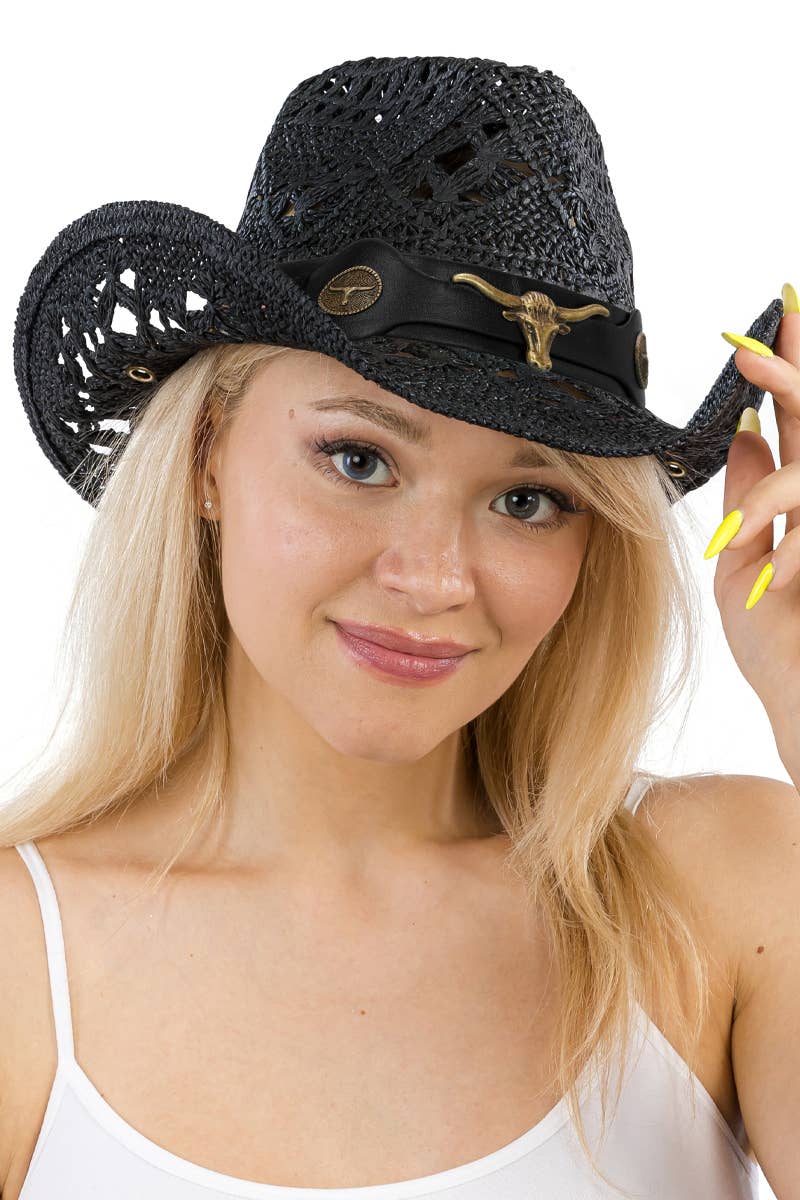 Longhorn Monochrome Belt Crochet Woven Cowboy Hat: Hot Pink