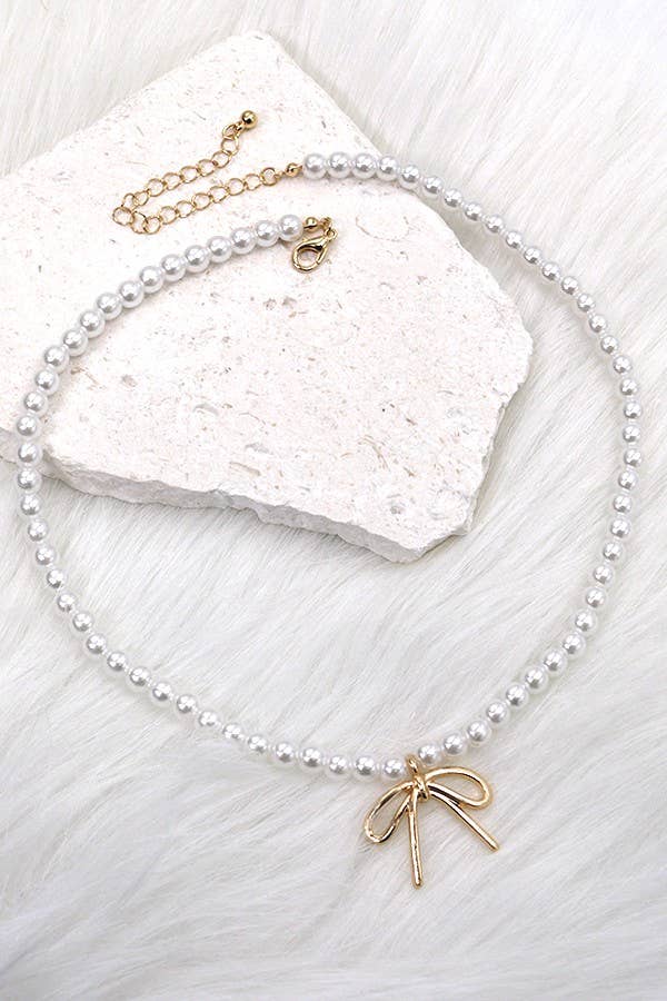 PEARL CHAIN BOW CHARM NECKLACE | 80N342: Gold