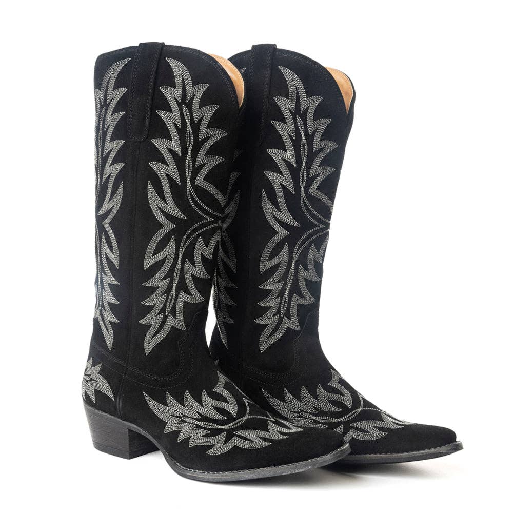 Midnight Trail Embroidered Leather Boots in Shadow Black