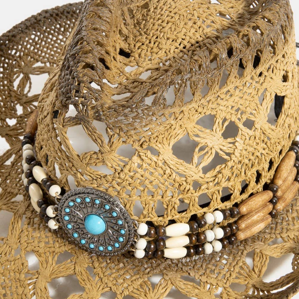 Straw Braided Concho Beaded Strap Cowboy Hat: BR
