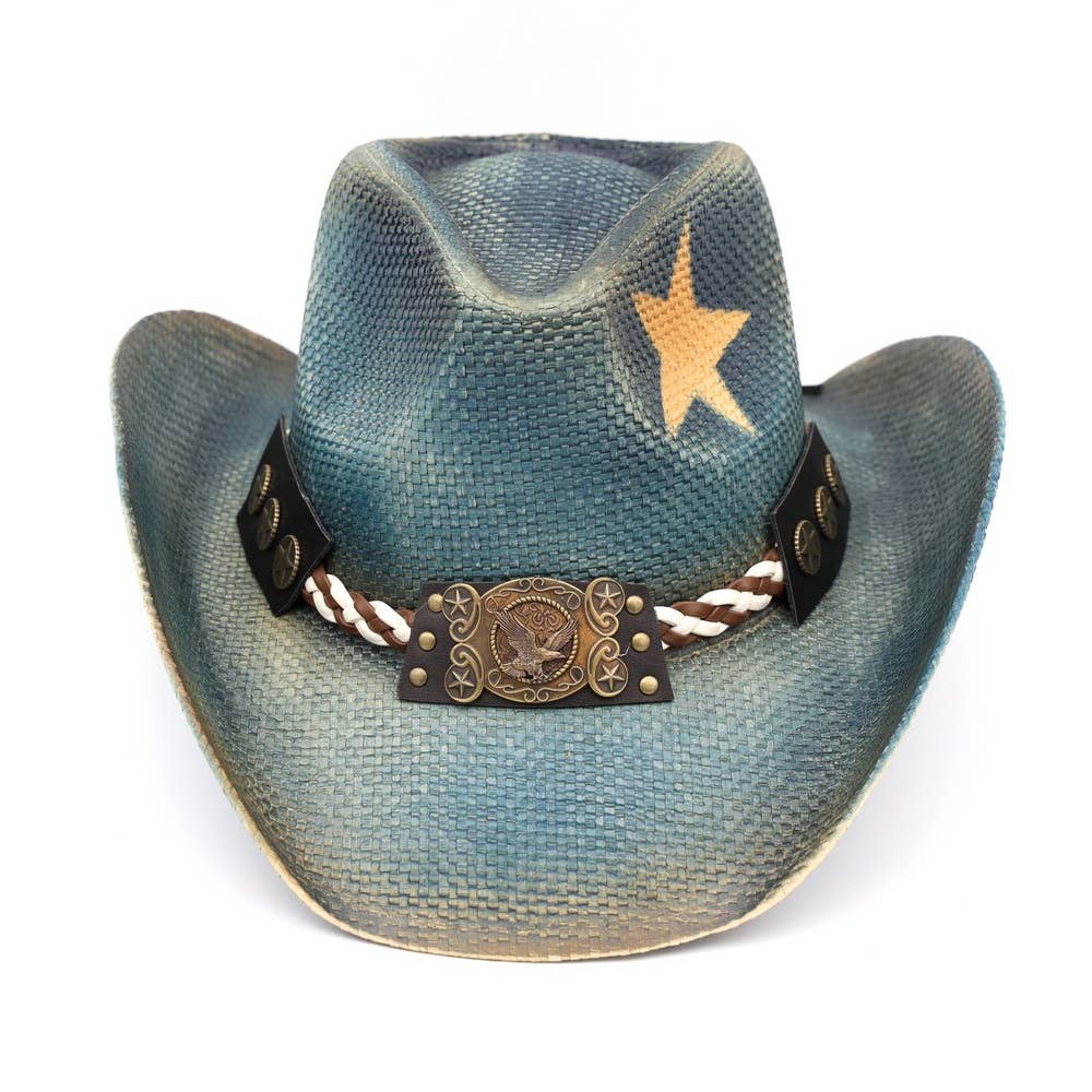 Yellow Star Print Western Eagle Medallion Cowboy Hat: BLUE