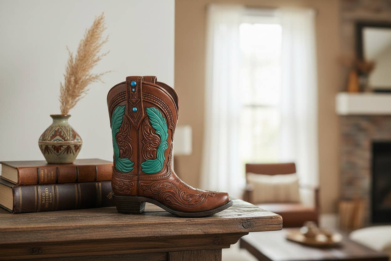 Tooled Western Boot Decorative Holder with Turquoise Accents