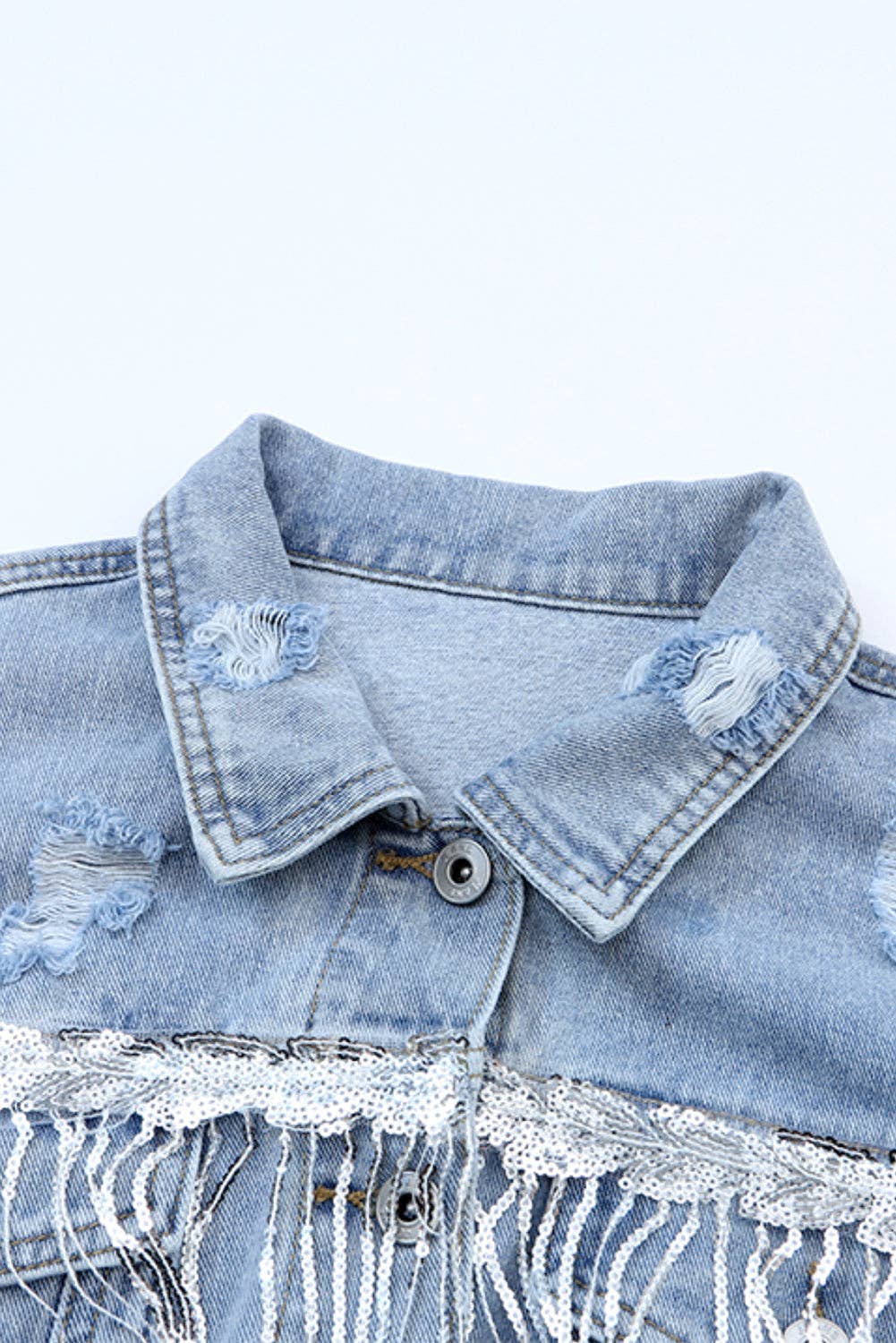 Sky Blue Sequin Embellished Fringe Distressed Denim Jacket: Sky Blue / 75%Cotton+12.7%Polyester+12.3%Viscose.