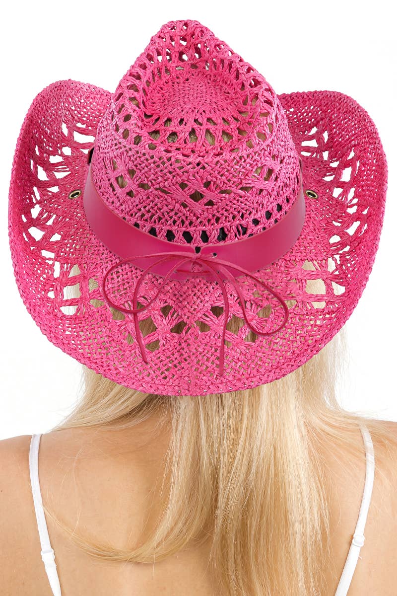 Longhorn Monochrome Belt Crochet Woven Cowboy Hat: Hot Pink