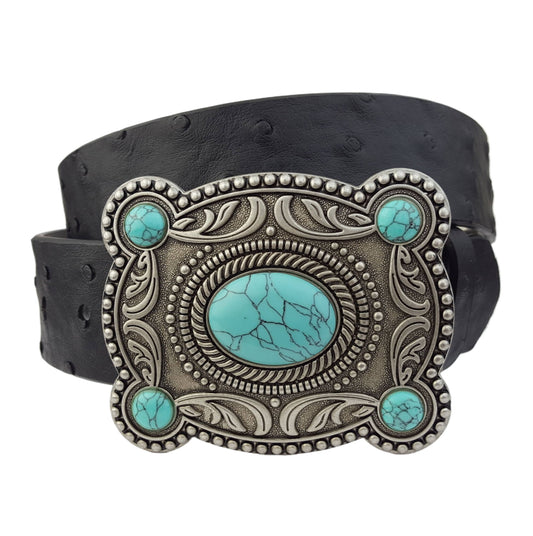 Western Silver Turquoise Buckle w. Ostrich Belt: Black / M/L