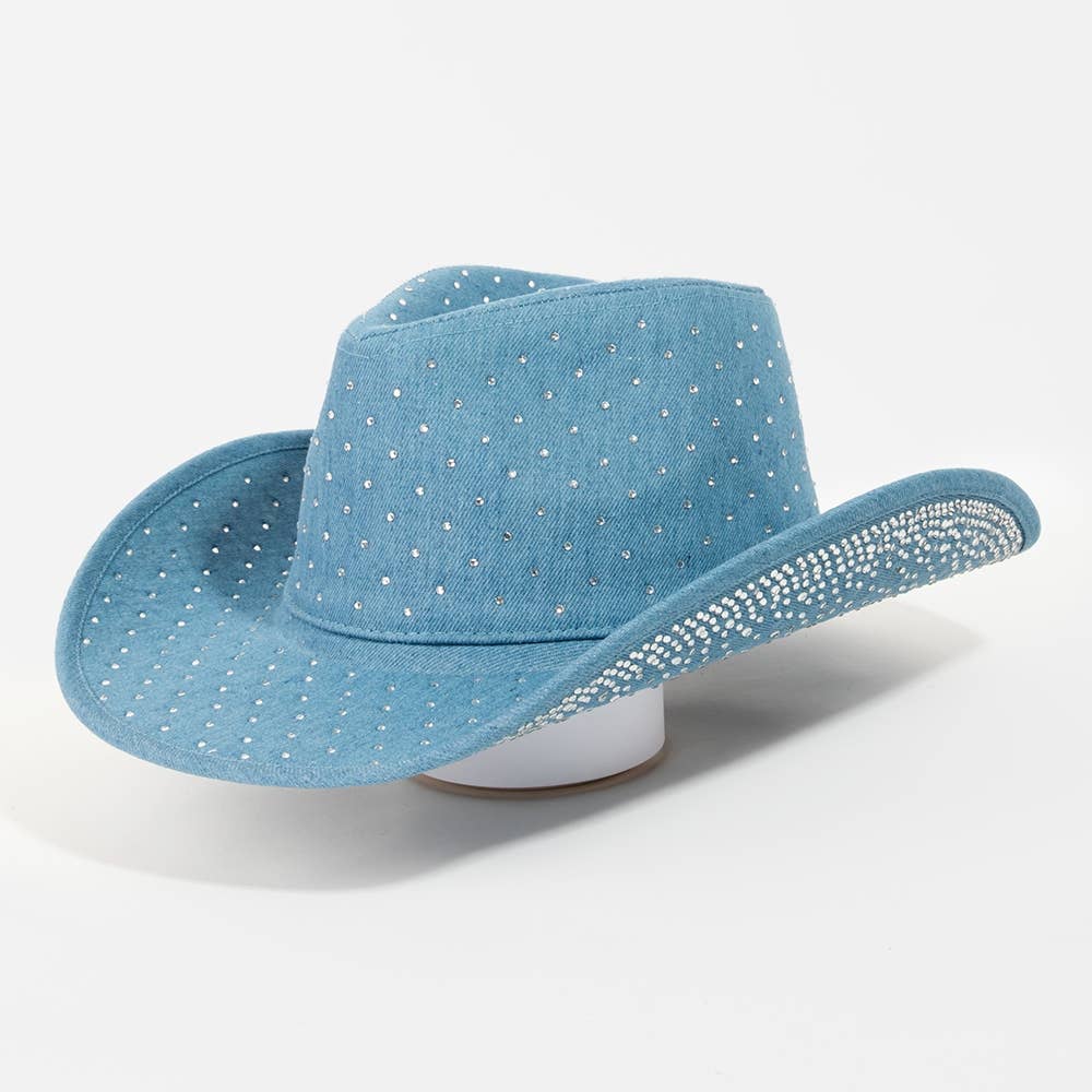 Rhinestone Studded Denim Cowboy Hat: DN
