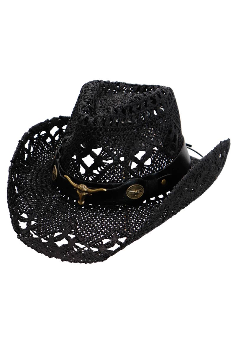 Longhorn Monochrome Belt Crochet Woven Cowboy Hat: Hot Pink