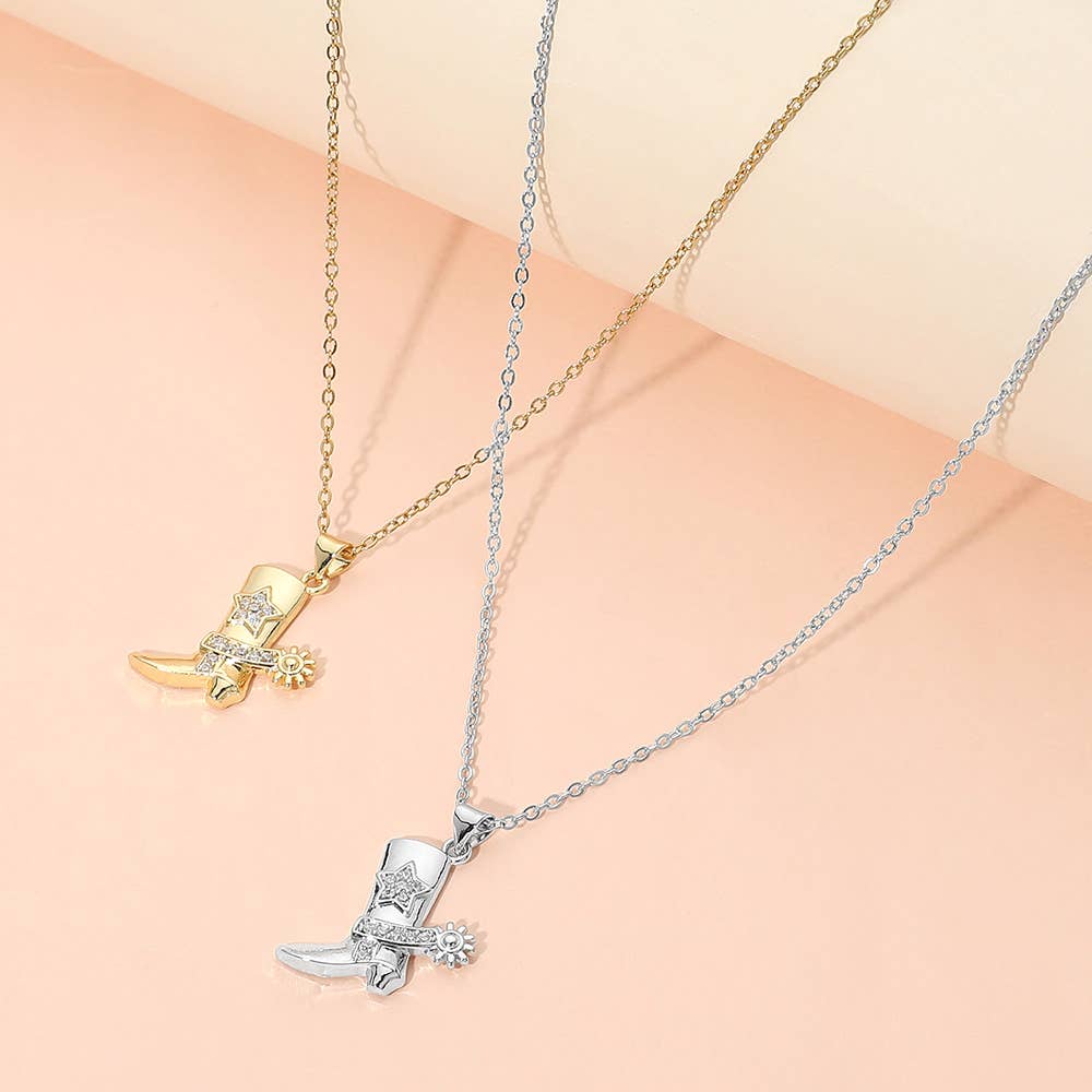 Stainless Steel CZ Stone Paved Star Accent Cowboy Boot Charm Pendant Necklace: Gold