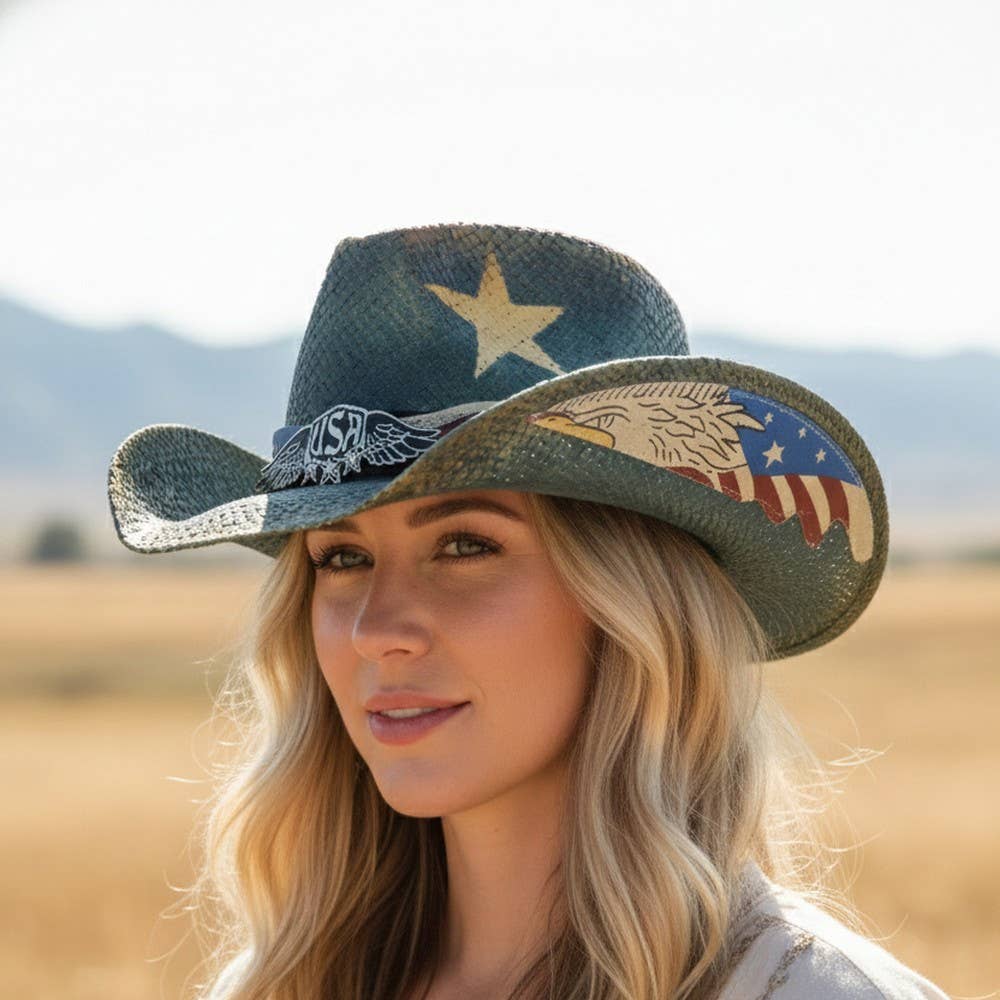 Yellow Star Western Usa Accent Cowboy Hat: BLUE