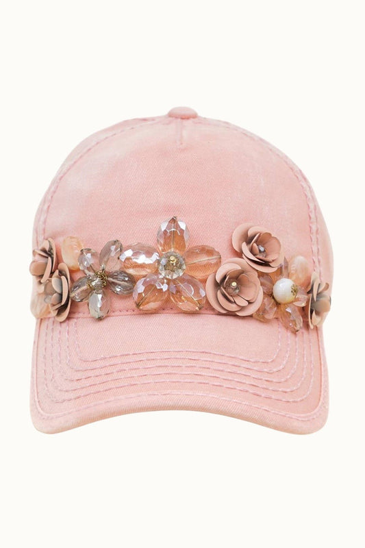 Floral Bouquet Bejeweled Bling Glitz Cap, Adjustable, Blush