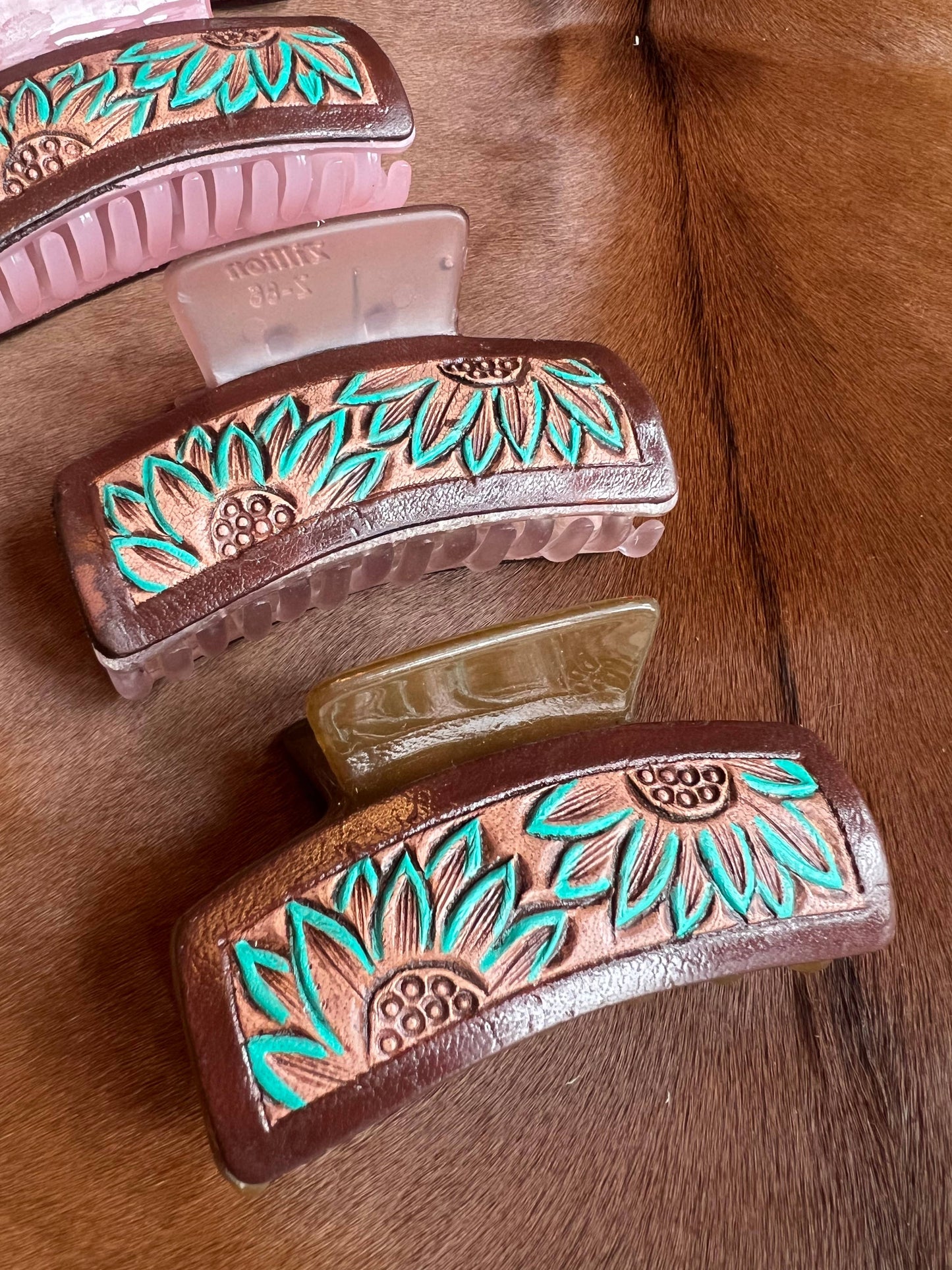 Turquoise Painted Sunflower Tooled Leather Claw Hair Clips