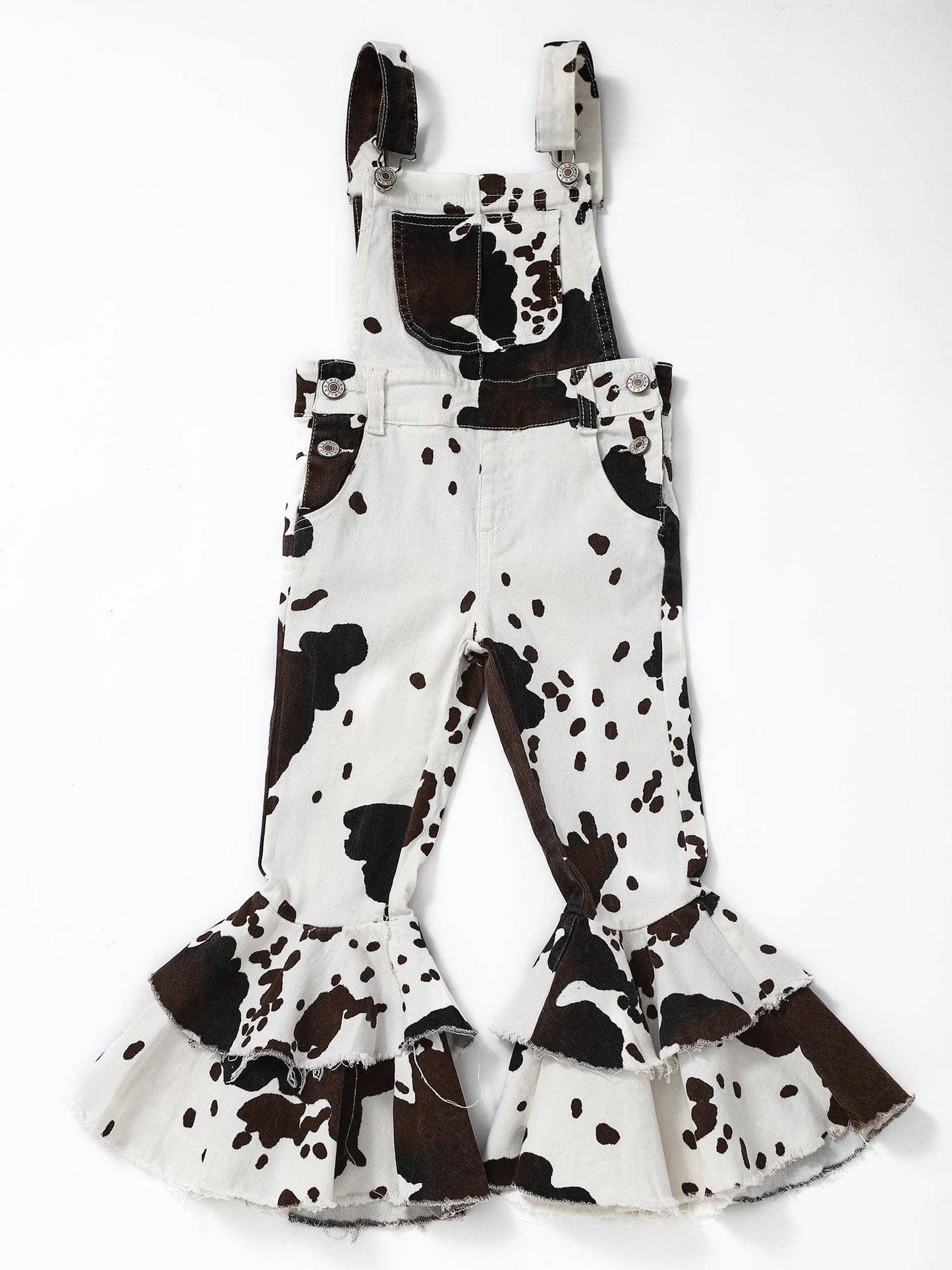 Girls Cow Print Denim Overalls: