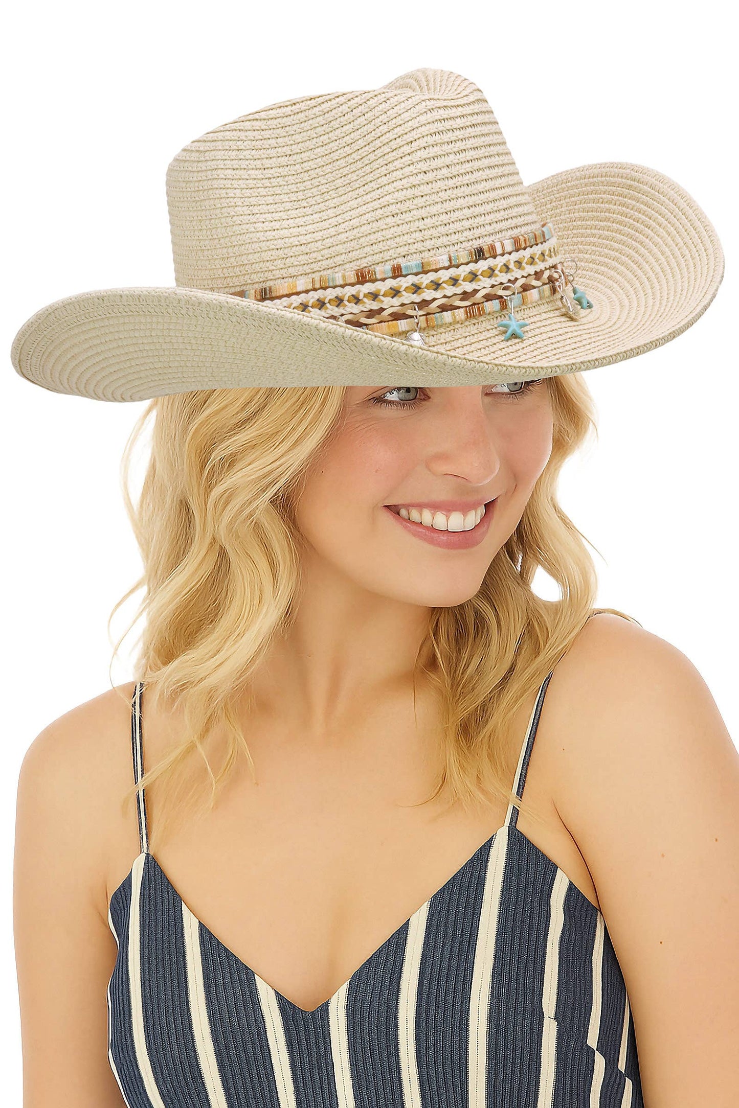 Blue Starfish Straw Coastal Cowgirl Hat: TAN / ONE SIZE