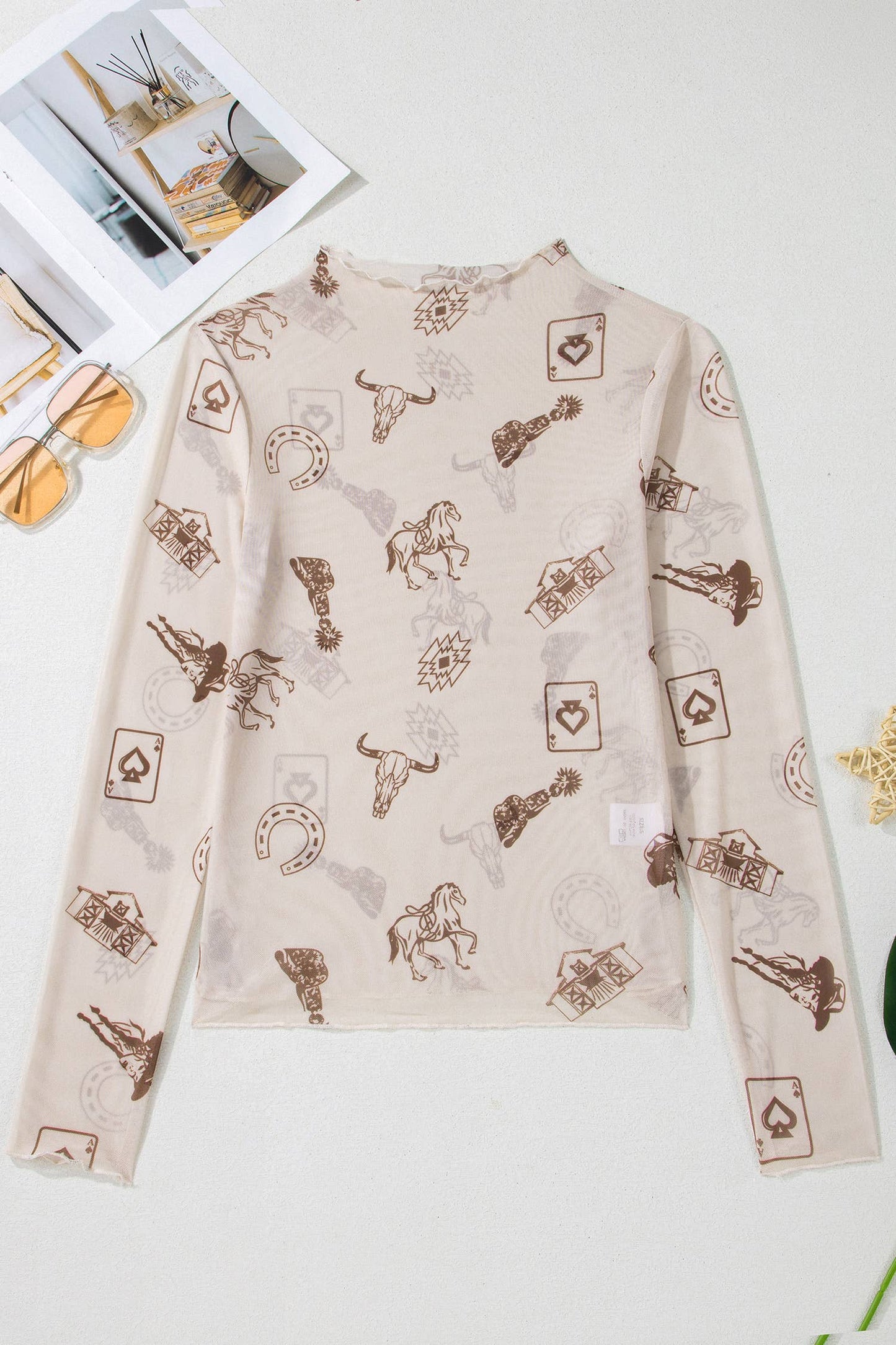 Western Print Slim Fit Mesh Long Sleeve Top