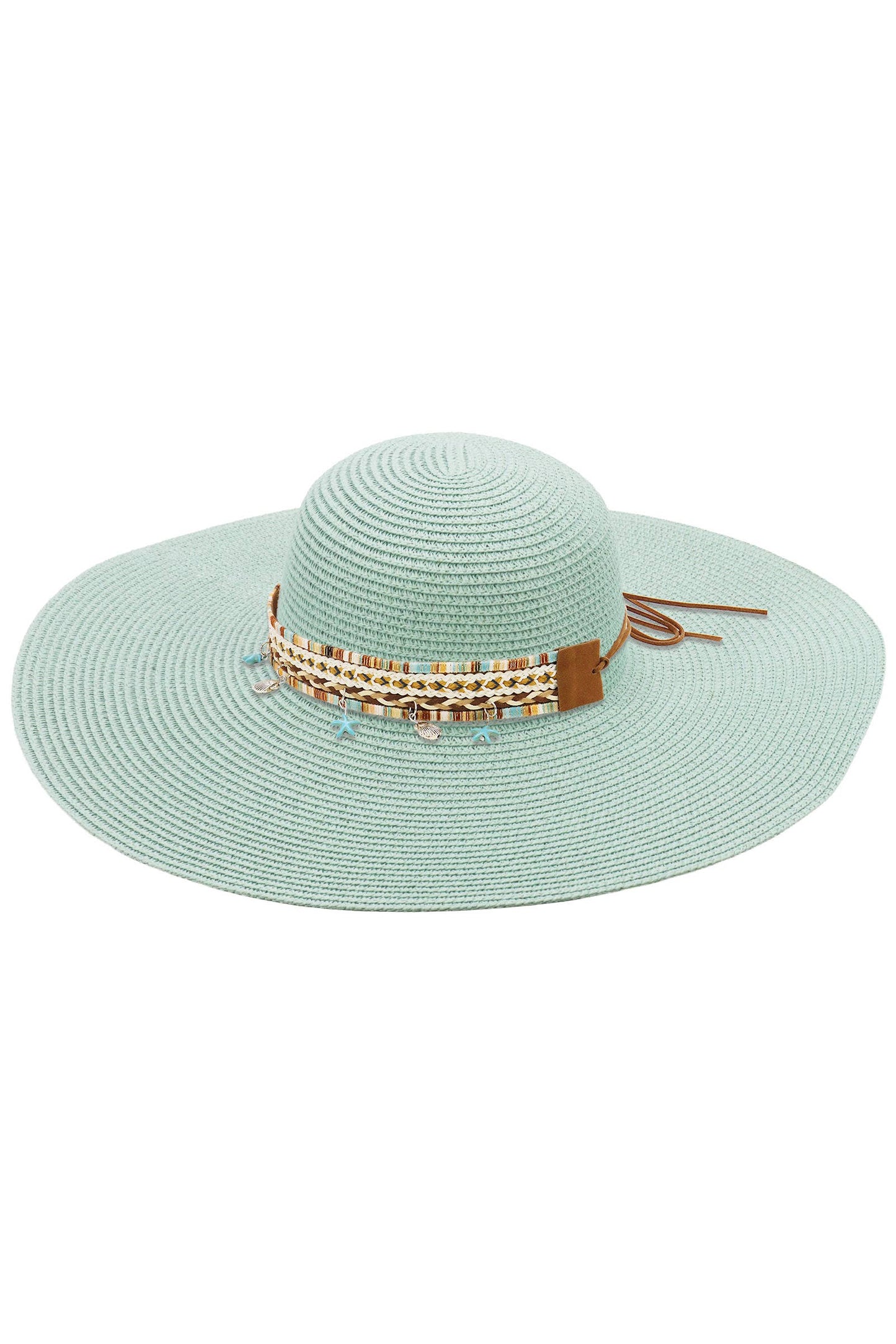 Blue Coastal Starfish Belt Floppy Straw Sun Hat