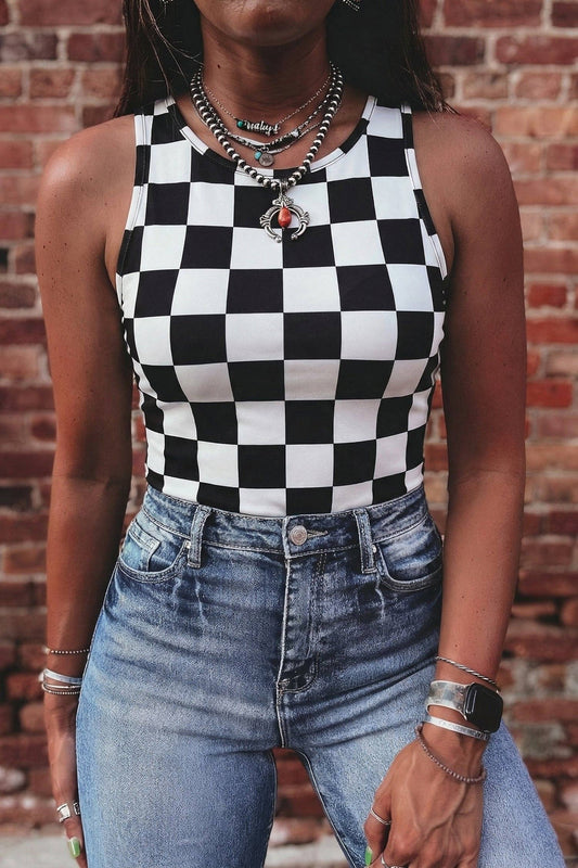 Black Checkerboard Printed Slim Tank Top: Black