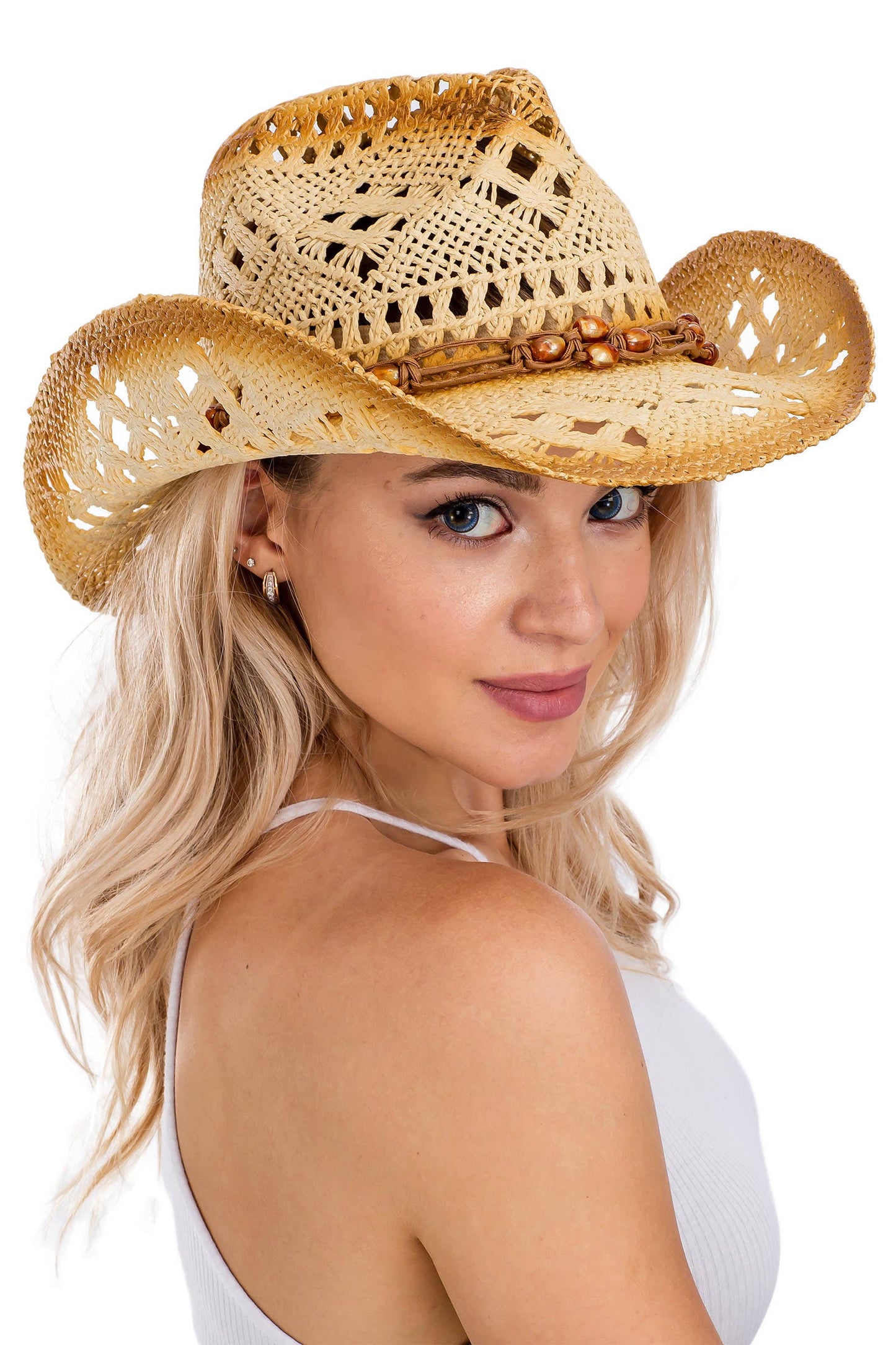 Lightly Beaded Vintage Burnt Crochet Straw Cowboy Hat: NATURAL/BLACK / ONE SIZE