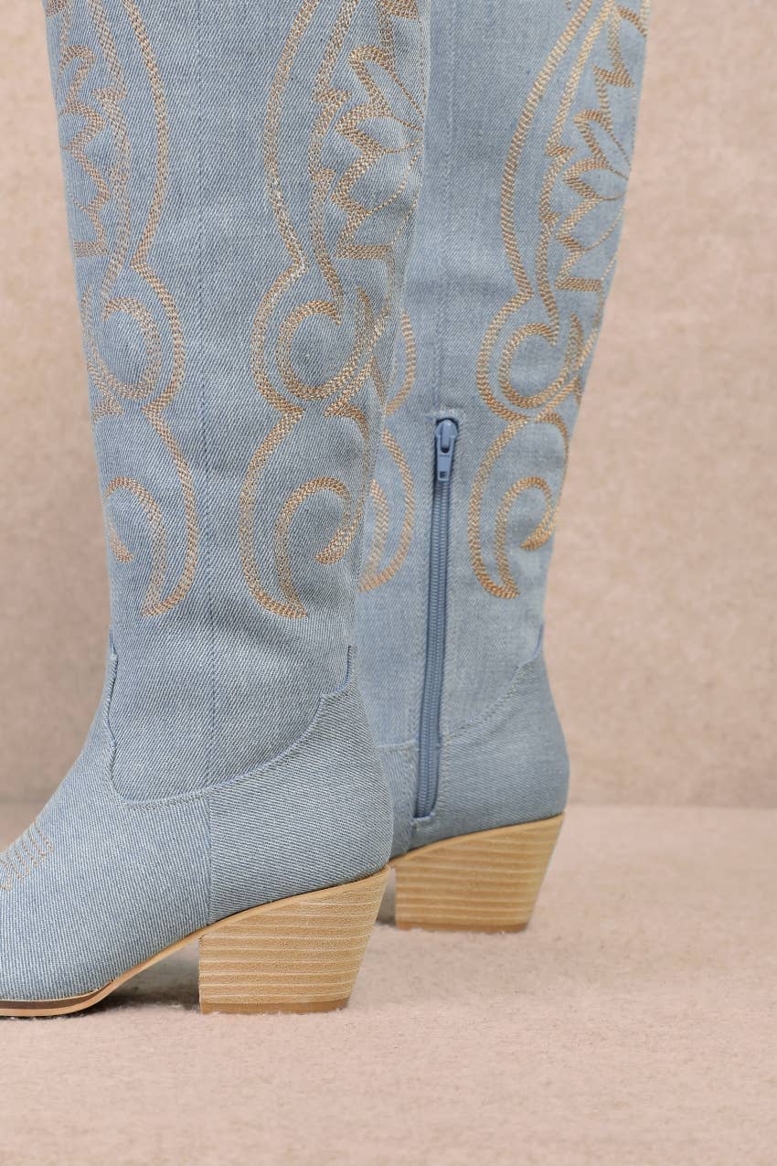 VERONICA CHIC EMBROIDERED LONG DENIM WESTERN BOOTS: DENIM / B12