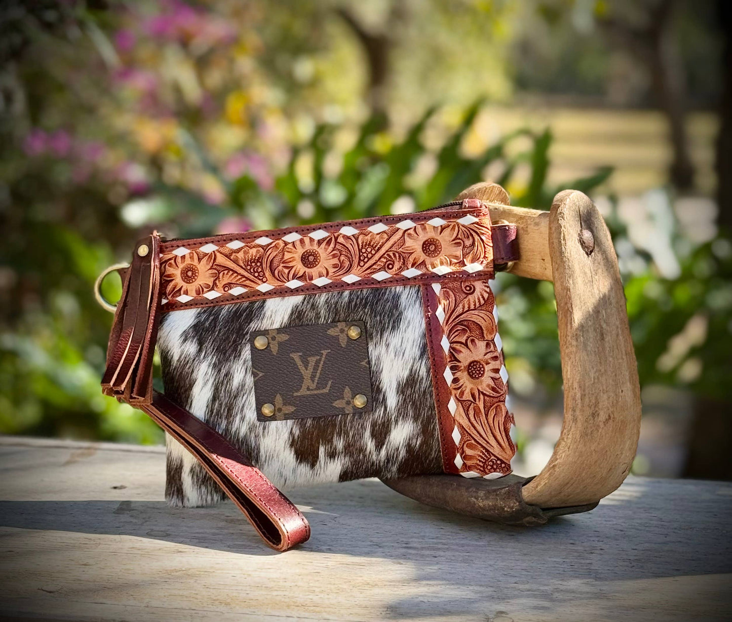 Upcycled LV Cowhide Leather Wristlet Crossbody Bag Western 