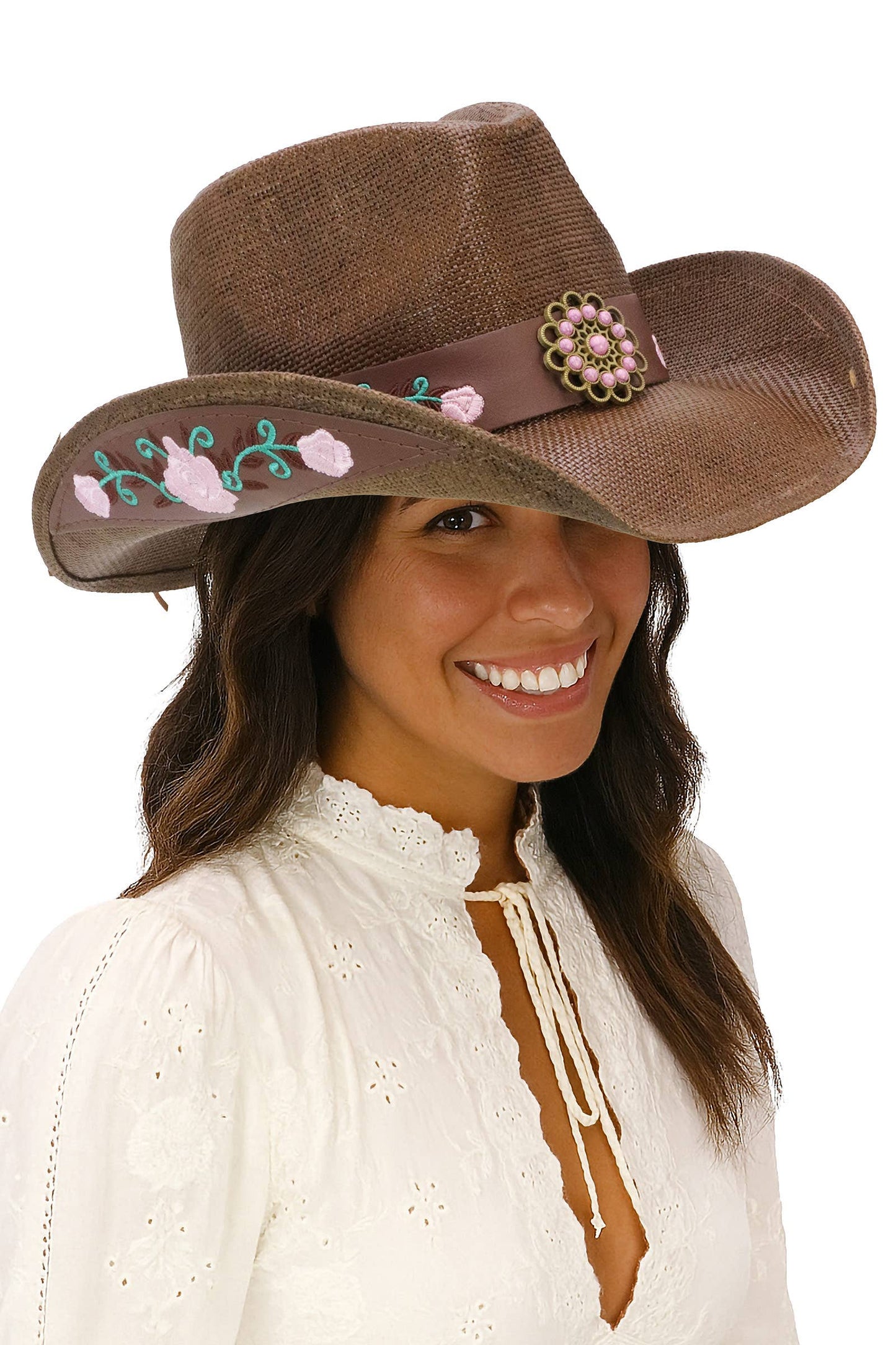 Pink Rose Concho Belt Embroidered Cowgirl Hat