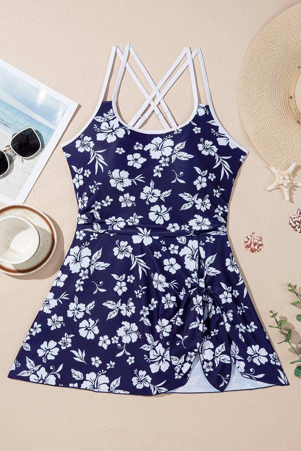 Sky Blue Crossed Back Floral Print swim dress