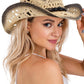 Lightly Beaded Vintage Burnt Crochet Straw Cowboy Hat: NATURAL/BLACK / ONE SIZE