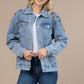 63001-Shoulder Rhinestones Washed Denim Jacket DENIM BLUE.