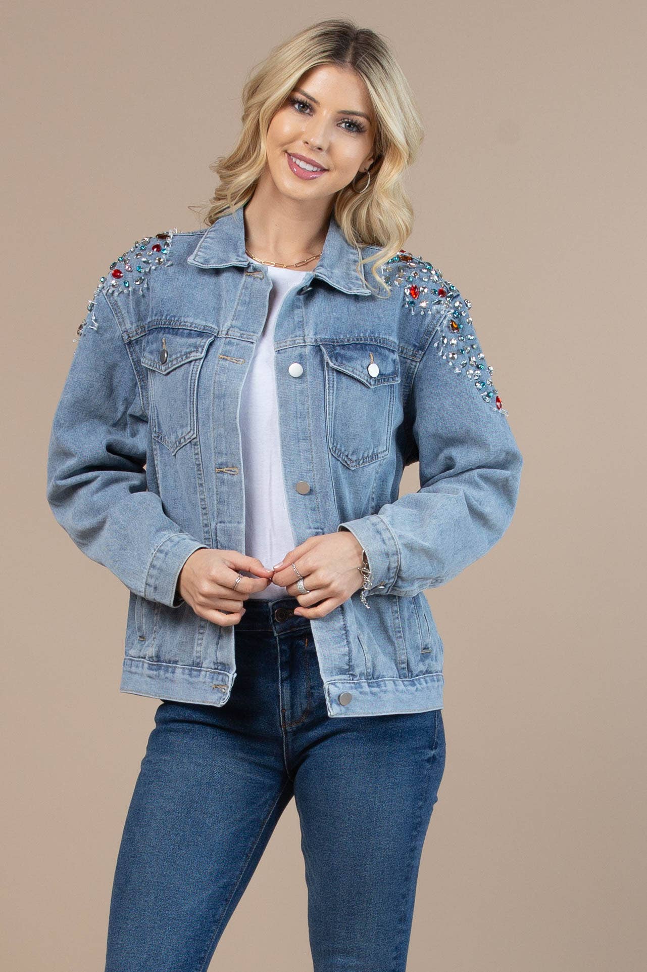 63001-Shoulder Rhinestones Washed Denim Jacket DENIM BLUE.