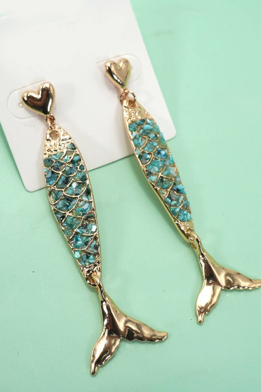ENAMEL MERMAID FISH HEART DROP EARRINGS | 80E61274: GOLD