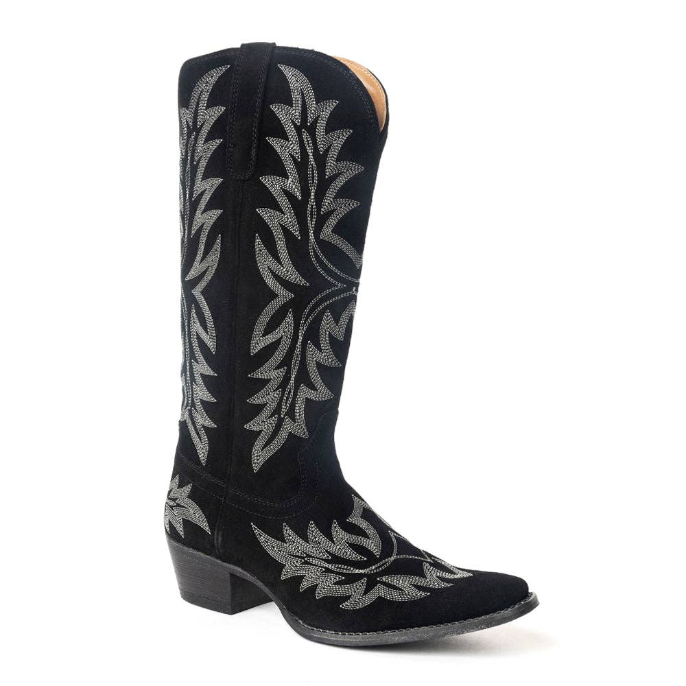 Midnight Trail Embroidered Leather Boots in Shadow Black